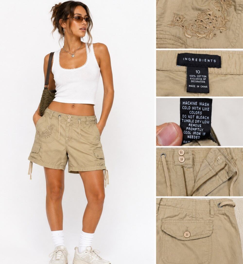 Y2K Parachute Indie Ingredients Cargo Shorts Size 10 Khaki Embroidered Cotton